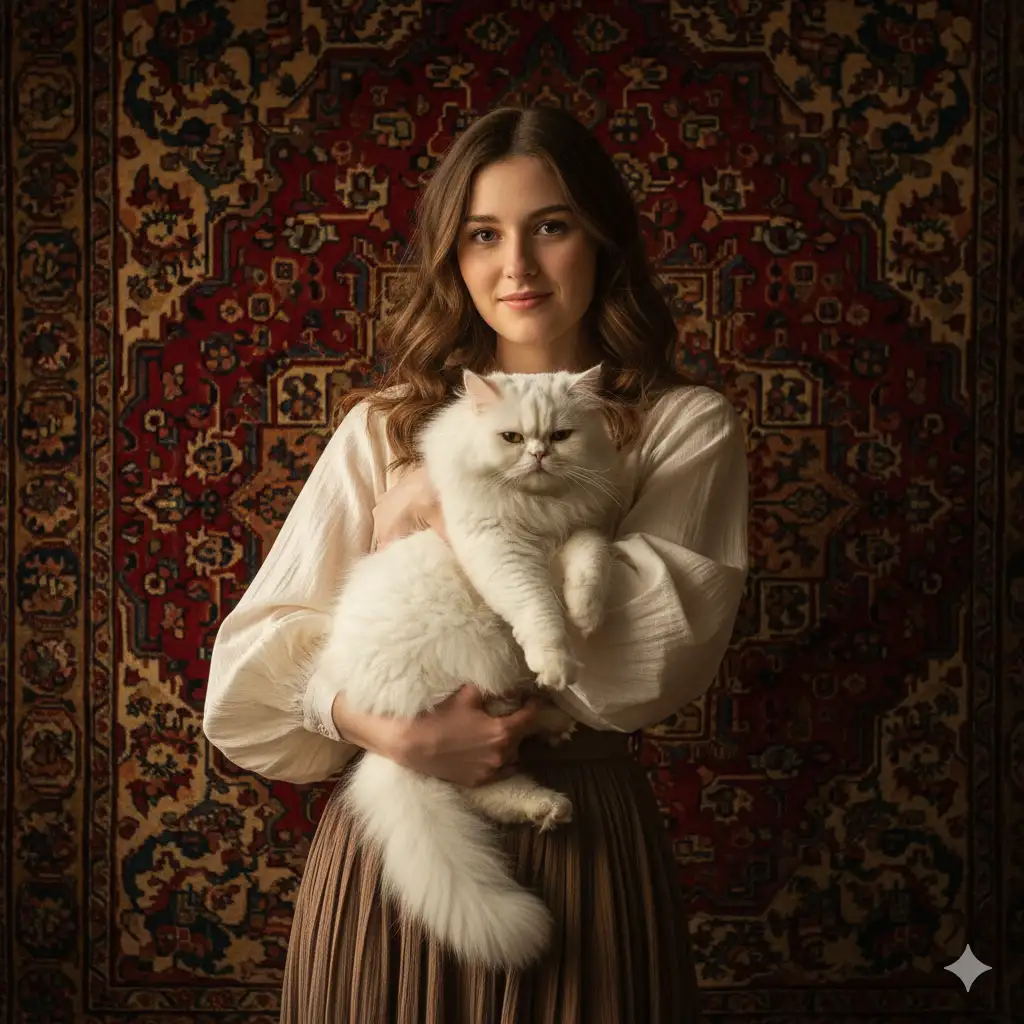 Create a serene, finely composed portrait of a young woman holding a fluffy white cat against an ornate Persian rug backdrop. The woman wears a flowing white blouse paired with a pleated brown skirt. She gazes calmly at the camera with a soft, composed expression, while the cat rests comfortably in her arms, its fur glowing in warm light. The intricate red and gold patterns of the rug create a richly textured background that adds depth and cultural character to the scene. The overall lighting is soft and golden, emphasizing natural skin tones and creating a timeless, painterly atmosphere.