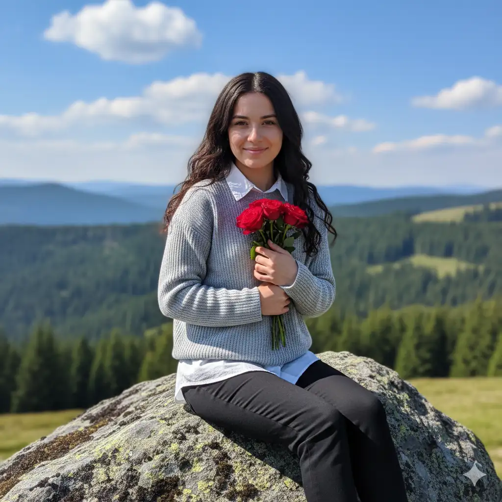 Create a serene outdoor portrait of a young woman sitting on a rock in a lush, mountainous landscape under bright daylight. She has long, dark hair styled neatly and wears a light grey sweater layered over a white collared shirt with black pants. She holds a small bouquet of red roses close to her chest, smiling softly with a warm, natural expression. Behind her, rolling green hills and pine trees stretch into the distance beneath a blue sky with scattered white clouds. The lighting is crisp and natural, highlighting her face and the vivid color of the roses while maintaining the depth and texture of the scenic background.