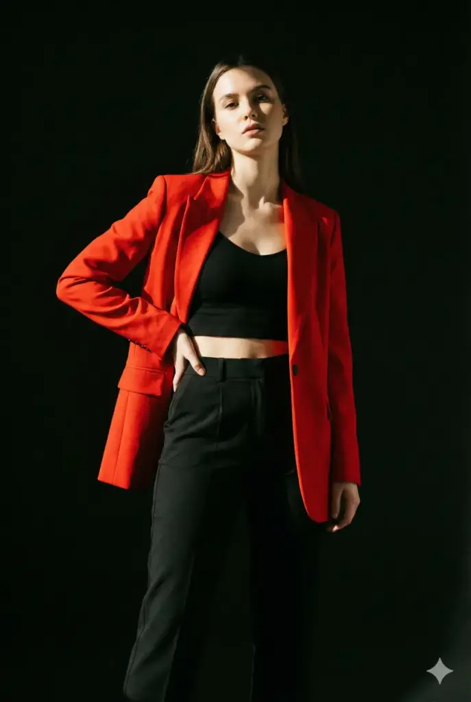 Create a studio portrait of a young woman standing tall with one hand on her hip and the other loosely by her side. She wears a vibrant red structured blazer, black crop top and tailored black trousers. Her pose is confident with steady eye contact. Use strong directional lighting to create sharp edges and fashion-style shadows. Background should be a deep matte black for contrast. Use aspect ratio 2:3.