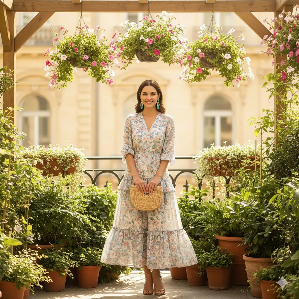 Create a bright, elegant outdoor portrait of a woman standing on a balcony garden filled with lush potted plants and hanging flower pots. She wears a flowy, layered floral dress in pastel shades of blue, coral, and cream, paired with strappy heels and turquoise earrings. She holds a small woven clutch in front of her, smiling warmly at the camera. The background reveals soft sunlight and blurred architectural details of nearby buildings, giving the image a calm, summery feel.