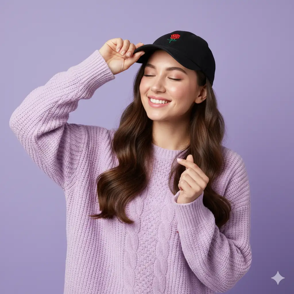 Create a cheerful young woman poses against a soft lilac-to-purple gradient background, wearing a cozy lavender cable-knit sweater and a black baseball cap embroidered with a small red rose. She smiles sweetly with her eyes closed, gently holding the brim of her cap with one hand while forming a small heart gesture with her other hand. Her long, wavy dark hair flows naturally over her shoulders, and her radiant skin glows under soft, diffused lighting. The overall atmosphere is warm, playful, and tender, evoking feelings of joy and affection. The composition is clean and modern, with pastel tones enhancing the sense of charm and comfort.