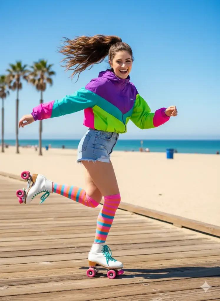 Create a photo of a cute, energetic woman with her hair in a high, bouncy ponytail. She is wearing retro-style roller skates, a brightly colored windbreaker jacket, high-waisted denim shorts, and colorful knee-high socks. Her pose is full of motion and joy; she is captured mid-stride while skating down a sunny beach boardwalk, one leg kicked up behind her and a big, carefree laugh on her face. The background is a vibrant beach scene with a clear blue ocean, palm trees, and a bright blue sky. The composition is a full-body action shot, taken from a slightly low angle to emphasize her dynamic pose and the fun, energetic vibe of the scene.