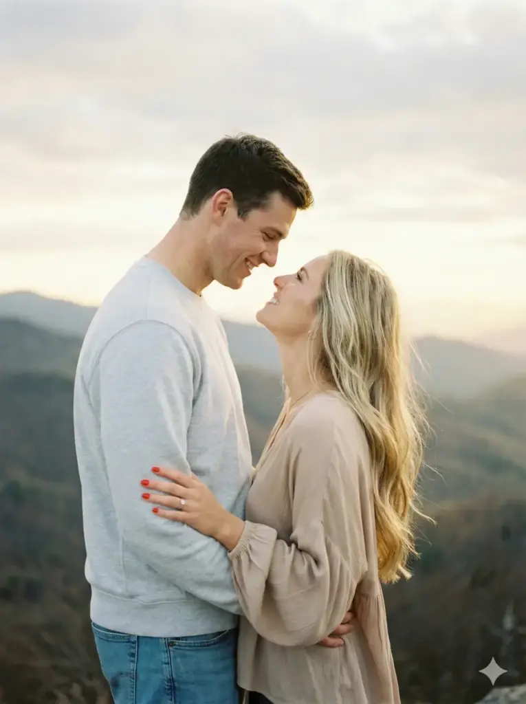 Create a dreamy, intimate couple portrait taken on a mountaintop during a soft, cloudy sunset. The man and woman stand close, facing each other with warm, playful expressions. The man wears a light grey sweatshirt and denim, looking down at the woman with a gentle smile. The woman, dressed in a light, flowy beige top, looks up at him lovingly, resting her hand on his arm. Her long blonde hair catches the soft natural light, and her red nails create a striking contrast against the muted tones of the scene. The background features rolling mountains fading into the distance with a diffused sky glowing in pale golds, greys, and soft creams. The mood is emotional and natural. Use 3:4 aspect ratio.