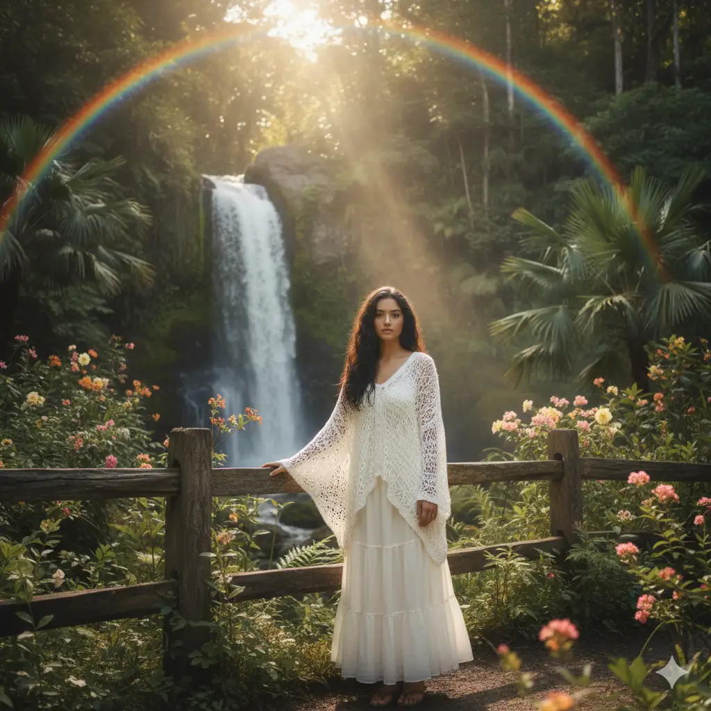 Create a serene outdoor portrait of a young woman standing by a rustic wooden fence in front of a lush waterfall surrounded by tropical greenery. She has dark hair and wears a loose white crochet sweater over a light, layered skirt. Soft sunlight filters through the trees, casting a warm, natural glow, and a gentle rainbow-like lens flare arcs across the scene. The atmosphere feels peaceful and dreamy, evoking a moment of quiet beauty in nature. The background features cascading water and mist illuminated by the sunbeam, creating a magical, ethereal quality.