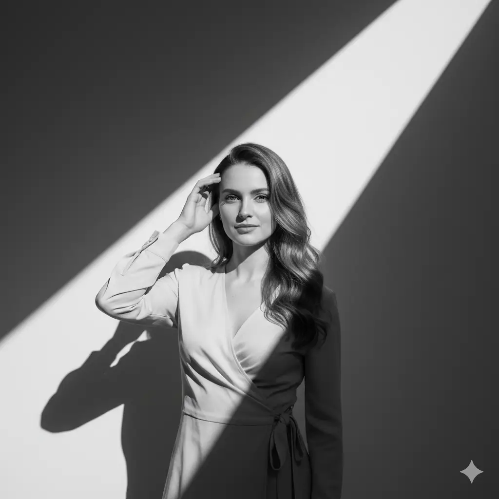 Create a monochrome portrait of a woman standing against a minimalist backdrop where a sharp triangular beam of light cuts across the wall. She has long wavy hair that falls over one shoulder and she lifts one hand to her head in a relaxed, confident gesture. Her expression is calm with a soft gaze toward the viewer. The lighting is bright and directional, creating strong contrasts and smooth gradients on her skin. She wears a light-colored wrap-style blouse with gentle folds that catch the highlights. The overall atmosphere feels elegant and modern with a clean studio aesthetic and crisp shadows.