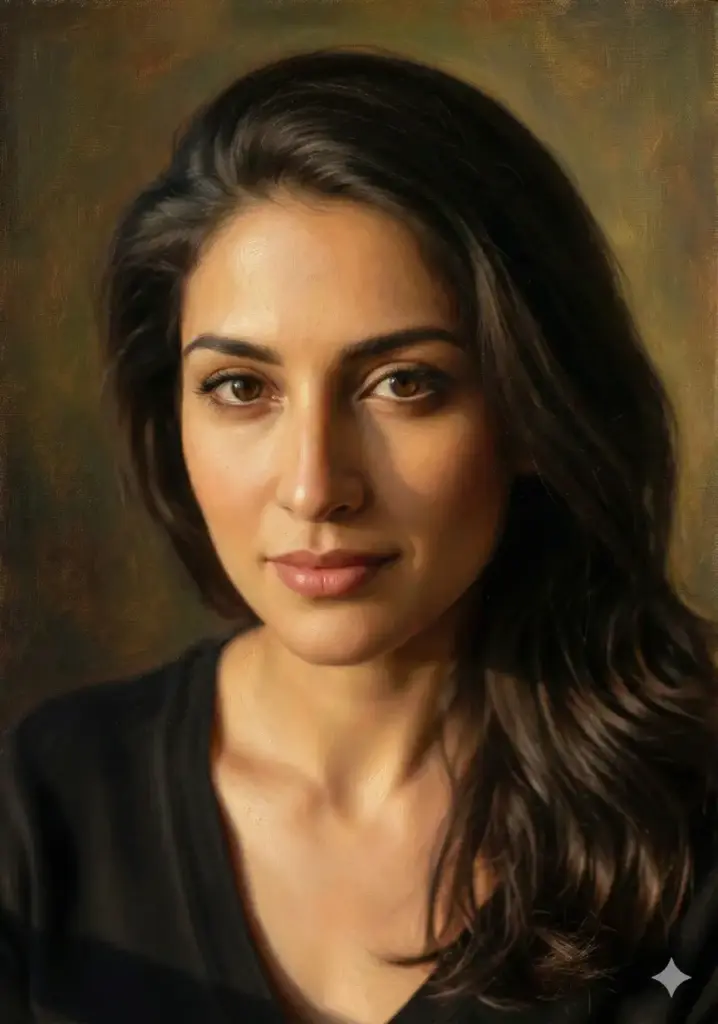 Create a portrait inspired by Renaissance art with soft golden lighting, smooth layered paint, and refined details. Add gentle shadows around the face and a traditional painterly texture while keeping realistic skin tone.