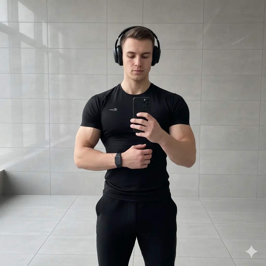 A sleek, modern mirror selfie of a fit young man in a gym or minimalist interior with gray tiled walls. He wears a fitted black athletic T-shirt that highlights his toned physique and matching black joggers. Over his ears, he has large wireless headphones, and a black fitness band rests on his wrist, adding to the sporty, focused aesthetic. He holds a smartphone in one hand, taking the photo, while his other hand rests near his chest in a confident, composed pose. His expression is calm and concentrated, capturing a post-workout or mid-training vibe. The lighting is controlled and soft, casting clean highlights across the smooth textures of his shirt and muscles. The overall scene has a cinematic, fitness-lifestyle tone — minimalist, sharp, and motivational.