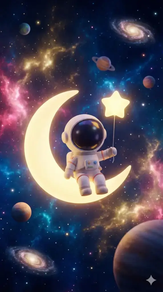 Create a phone wallpaper of a cute, chibi-style astronaut sitting on the edge of a crescent moon, dangling their legs. They are holding a star on a string like a balloon. The background is deep space with colorful nebulae and distant planets. 3D render style. 9:16 aspect ratio.