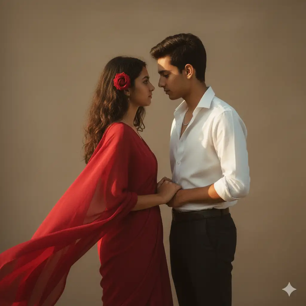 Create photo of a romantic, cinematic portrait of a teen couple standing face-to-face against a muted beige background, bathed in soft golden sunlight. The girl wears a flowing red saree that moves gently in the wind, with a red rose tucked into her wavy hair near her ear. Her expression is calm and intimate as she gazes at the man. The boy wears a white shirt with rolled-up sleeves, open at the collar to reveal a subtle chain, and dark pants. His pose is confident yet tender, leaning slightly forward as he looks deeply into her eyes. The overall tone is warm, moody, and timeless, evoking a vintage romance aesthetic with fine texture and natural shadows.