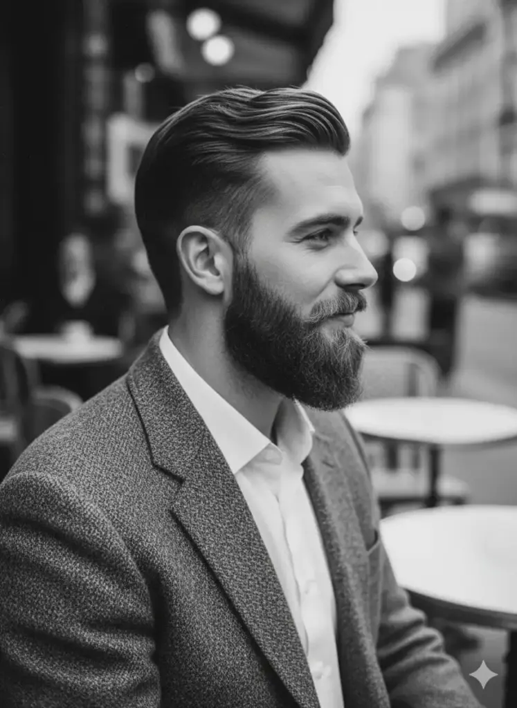 Create a timeless, vintage-style profile picture, based on my photo of a man, in the style of a classic 1950s black and white photograph. He is wearing a sharp tweed blazer, a crisp white button-down shirt, and has his hair neatly styled. The background is a bustling but softly blurred Parisian street cafe, suggesting a sense of worldly charm. The lighting should be high-contrast, reminiscent of classic film noir, with defined shadows that add depth and character to his face. He should have a charming, slight smile while looking just off-camera, as if caught in a candid moment, with the final image having a subtle and authentic film grain texture.