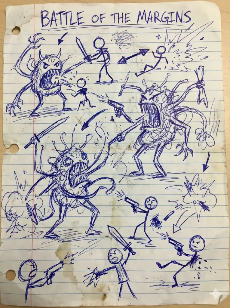 Create a rough ballpoint pen doodle style drawing on lined notebook paper. The scene depicts a chaotic battle between stick figures and sketched monsters. The lines should be messy, scribbly, and monochromatic blue ink, mimicking a bored student's drawing in a vertical 3:4 aspect ratio.