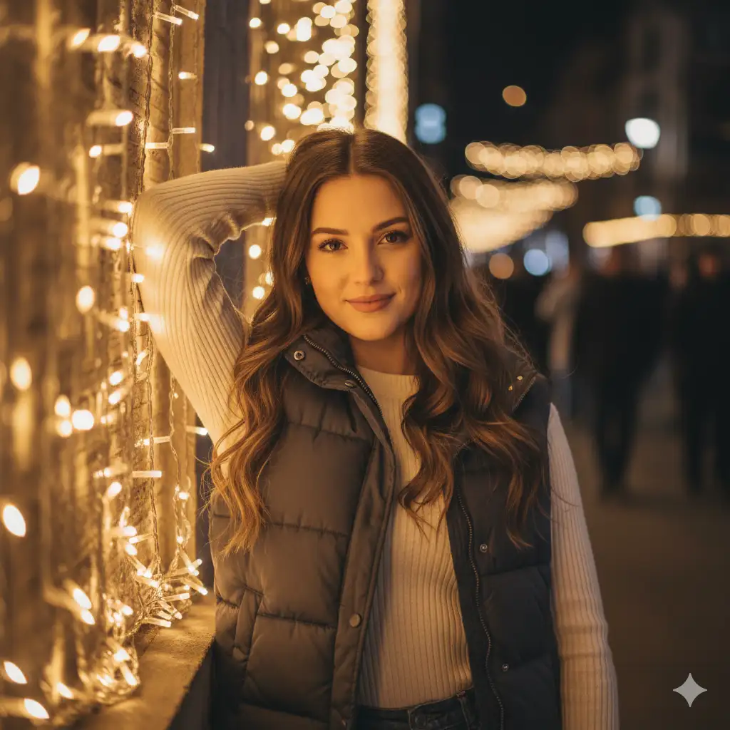 Create photo of a young woman stands outdoors at night, leaning back slightly against a wall decorated with warm string lights that create glowing bokeh along the left side of the frame. She turns her head toward the camera with a confident, relaxed expression. One hand is lifted to the back of her head and her long hair frames her face. She wears a fitted ribbed sweater and a padded vest that catches subtle reflections from the lights. The background shows a softly blurred night scene with warm tones and indistinct figures moving in the distance. Capture a cozy night portrait with golden fairy lights, shallow depth of field, soft highlights on her face, and an inviting festive atmosphere.