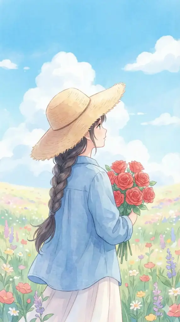 Create a phone wallpaper in a soft anime or manhwa art style. The image shows a girl with a long dark braid wearing a large straw sunhat and a blue shirt, holding a bouquet of red roses. She is standing in a field of flowers against a bright blue sky with fluffy white clouds. The colors should be pastel and airy. 9:16 aspect ratio.