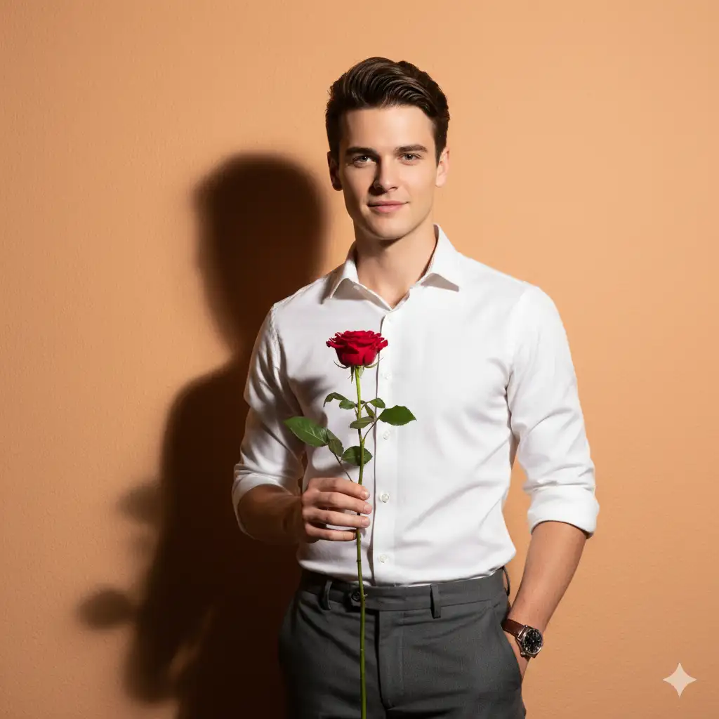 Create a photo of a young man with styled, dark hair, standing against a plain, warm-toned wall. He is wearing a crisp, white button-down shirt with the sleeves rolled up and dark trousers. In one hand, he holds a single, vibrant red rose by the stem. His pose is relaxed yet confident, with a slight smile as he looks directly at the viewer. Strong directional light should cast a distinct shadow of his profile on the wall behind him.