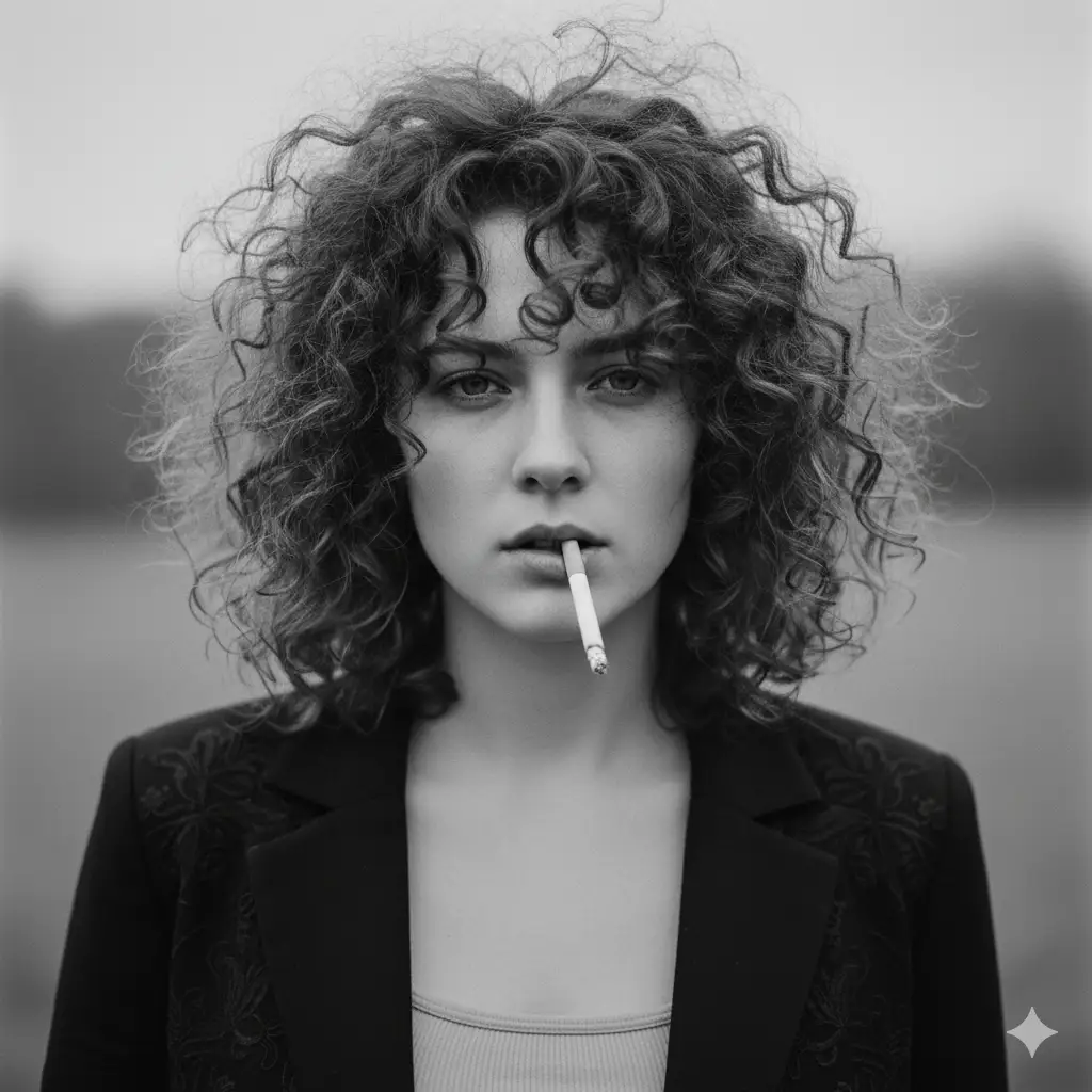 Create a striking black-and-white portrait of a young woman with a wild, windswept mass of curly hair partially covering her face. She gazes forward with a calm, defiant expression, a cigarette loosely held between her lips. The lighting is soft and overcast, giving her skin a smooth, natural contrast against the textured curls. She wears a dark, slightly ornate jacket draped over a simple tank top, adding a subtle mix of edge and elegance. The shallow depth of field renders the background into gentle blur, emphasizing her intense presence and the chaotic movement of her hair. The monochrome palette heightens the raw, gritty, cinematic mood