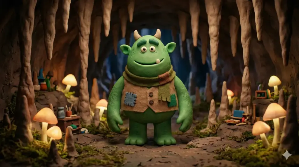 Create a stop-motion claymation style image of a friendly green monster standing in a cave. The texture of the character should look like real plasticine or clay with visible thumbprints and imperfections. The clothing should look like felt, and the lighting should be soft and cinematic, mimicking a miniature physical studio set in a 16:9 aspect ratio.
