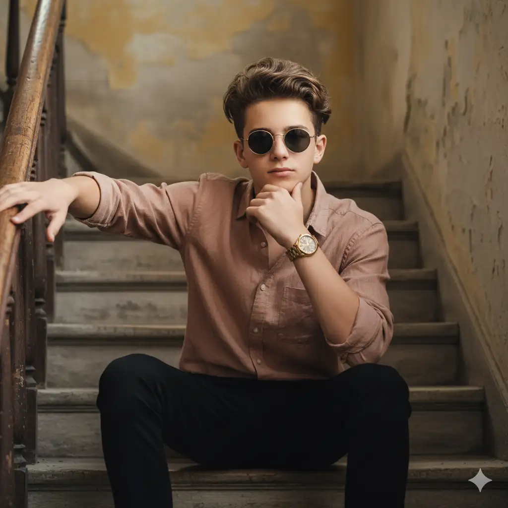 Create photo of a stylish teen boy sitting casually on an old, rustic staircase with worn textures and muted tones. He wears a light brown or dusty rose button-up shirt with the sleeves rolled up, paired with black pants. His accessories include a gold wristwatch and round dark sunglasses, adding a vintage flair to his modern look. His hair is voluminous and perfectly styled, and he poses confidently with one hand resting on the railing and the other on his chin, exuding a calm, charismatic vibe. The background features faded walls and a warm, softly lit atmosphere that enhances the urban, cinematic mood.