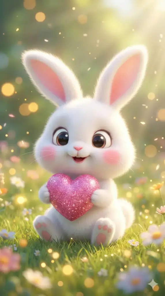 Create a phone wallpaper of an adorable, fluffy white bunny holding a pink glittery heart in its paws. The bunny has big, cute eyes and pink cheeks. The background is a soft, grassy field with blurred golden bokeh lighting, giving it a magical, 3D animated movie look. 9:16 aspect ratio.