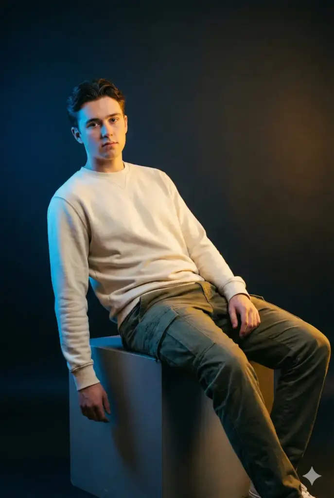 Create a studio portrait of a young man seated on a cube prop with a relaxed, slightly slouched posture. He wears a cream sweatshirt and olive cargo pants. Introduce color gel lighting with a blue fill on one side and warm amber on the other for an artistic mood. Keep the background smooth and dark to enhance the color contrast. Use aspect ratio 2:3.