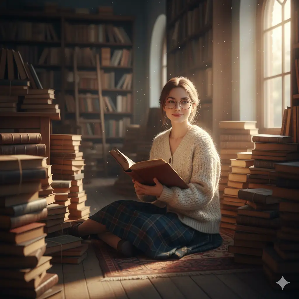 Create a cute girl photo of a young woman sitting on the floor of a vintage bookstore, surrounded by stacks of books. She's wearing a soft cardigan, plaid skirt, and round glasses, with a curious and gentle smile. The lighting is warm and slightly golden, with light dust particles visible in the sunbeam from a nearby window. Focus on cozy charm and intellectual cuteness.