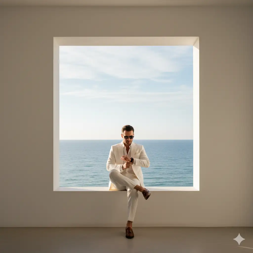 Create photo of a stylish man dressed in a crisp, all-white suit sits casually in a large square window frame that overlooks a serene, blue ocean horizon. He wears a light shirt under the suit jacket, paired with brown leather loafers and dark sunglasses, giving him a refined, modern, and sophisticated look. His posture is relaxed, with one leg crossed over the other and one hand adjusting his cuff or watch. Soft natural daylight fills the minimalist white interior, creating a clean, gallery-like atmosphere that emphasizes geometry and open space. The perfectly centered window frames the ocean and sky, forming a striking composition with strong symmetry and calm coastal colors. Capture a luxurious, editorial fashion aesthetic with smooth lighting, sharp lines, and a serene, contemporary mood.