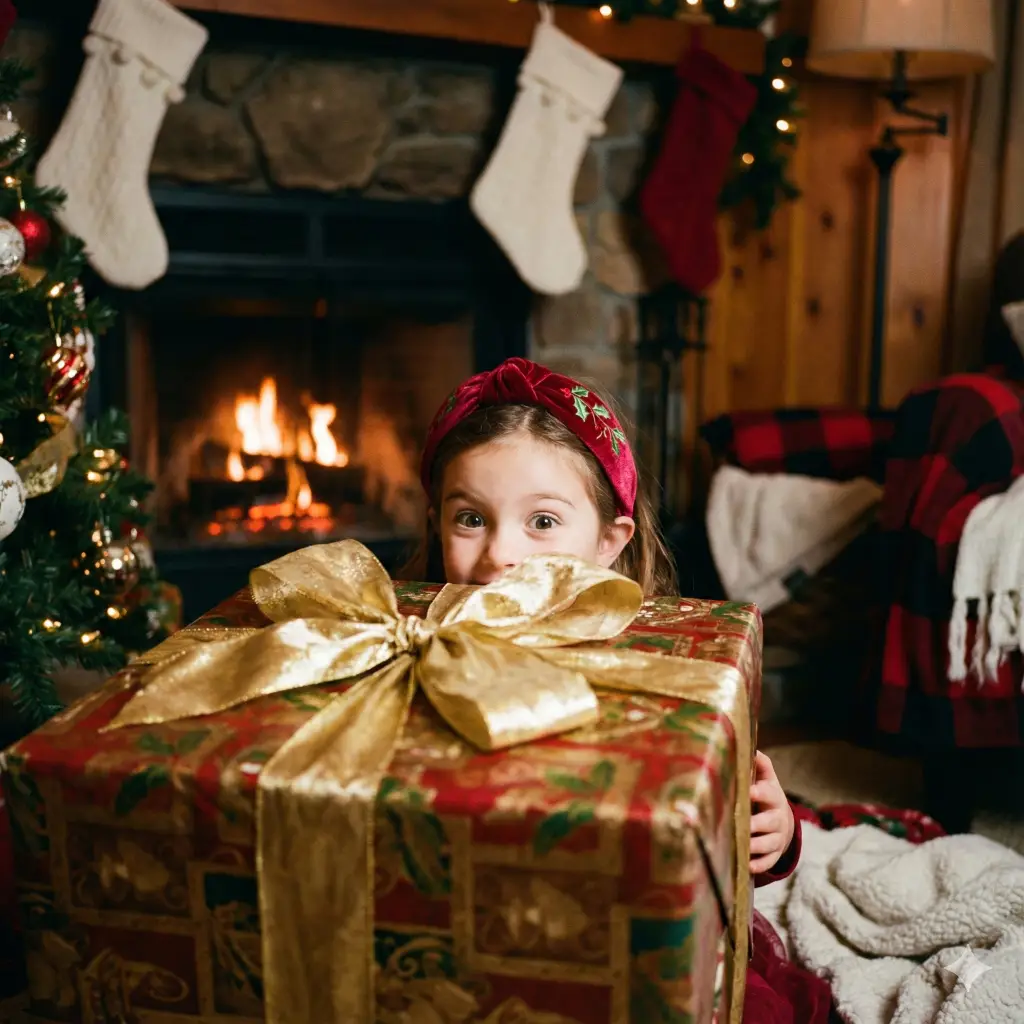 Create an emotional and detailed photo with an aspect ratio of 1:1 of a young girl hiding behind a large, beautifully wrapped gift box with a gold ribbon. She is wearing a festive velvet headband. The setting is a cozy corner by a fireplace where stockings are hung. The lighting should be warm and intimate, simulating the glow of firelight reflecting in her excited eyes.