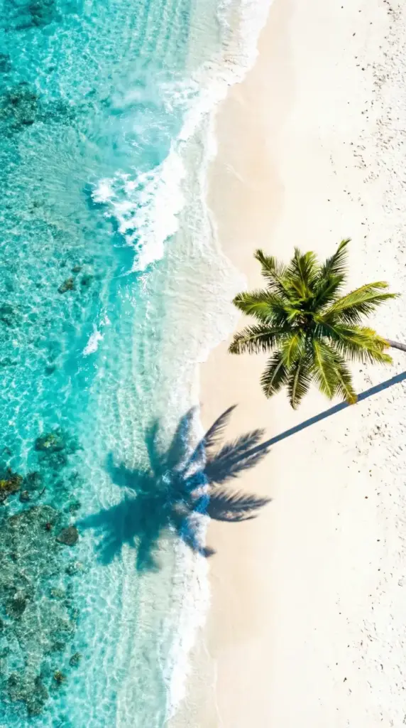 Create a phone wallpaper featuring a top-down aerial view of a tropical beach. Turquoise waves are gently crashing onto white sand. A single palm tree casts a long shadow on the beach. The image should be bright, vibrant, and relaxing. 9:16 aspect ratio.