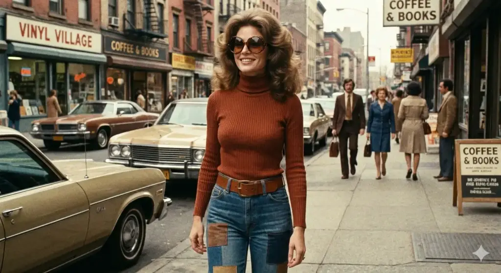 Create a photo of woman in a 1970s street fashion icon. Dress her in bell-bottom jeans, a tucked-in turtleneck, and large round sunglasses. Place her on a vintage city street with muted film grain tones.