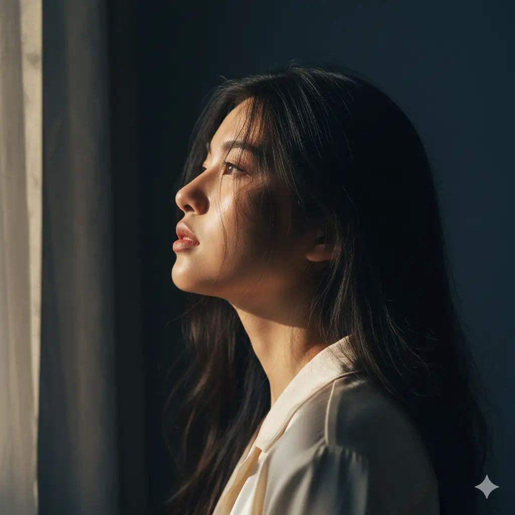 Create a striking cinematic portrait of a young woman bathed in dramatic, natural light. She gazes slightly upward, her expression thoughtful and serene. Strands of her long, dark hair fall gently across her face, catching the sunlight that streams from a nearby window, creating soft highlights and shadows. Her smooth skin glows in the warm light, contrasting beautifully against the deep shadows of the background. She wears a light, silky blouse in neutral tones, which reflects the soft illumination subtly. The overall mood is intimate and contemplative.