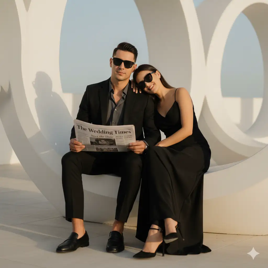 A stylish and modern couple sitting together on a minimalist white architectural structure under warm sunlight, dressed in coordinated black outfits. The man, wearing a black suit with a dark shirt and loafers, sits casually with his legs slightly apart, holding a mock newspaper that reads "The Wedding Times – Save the Date" in bold editorial-style print. The woman, dressed elegantly in a sleeveless black dress with strappy heels, leans her head affectionately on his shoulder, smiling behind her chic sunglasses. Both wear dark sunglasses, giving the scene a cool, contemporary aesthetic. The neutral white background with clean arches contrasts beautifully with their dark attire, creating a luxurious and editorial-inspired look.