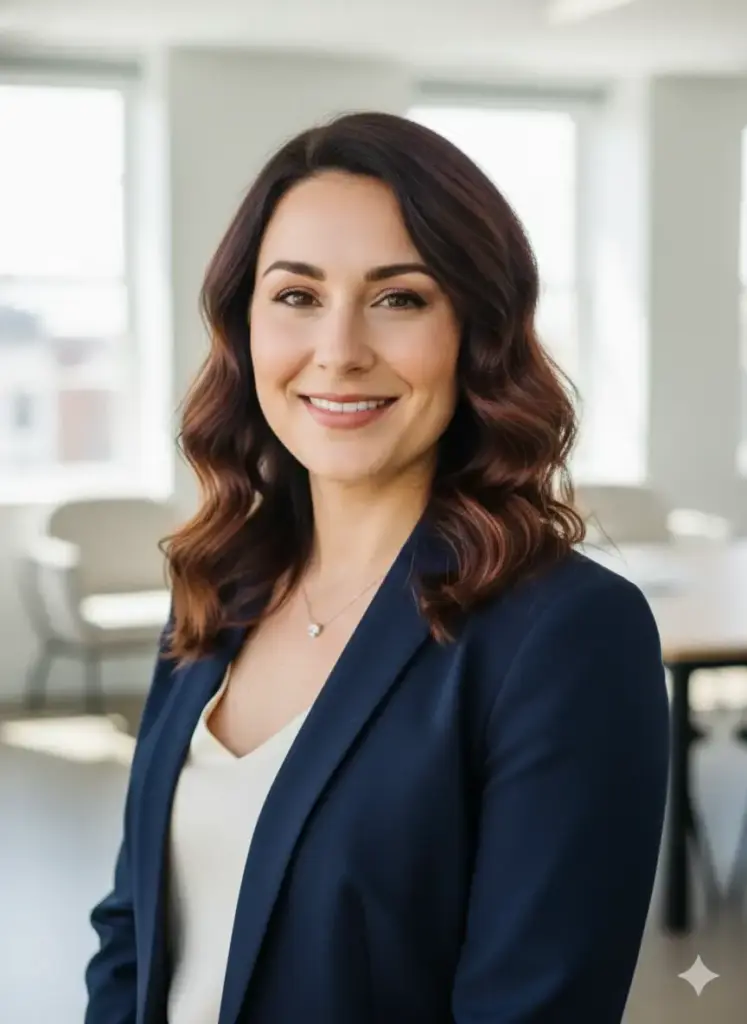 Create a professional and photorealistic profile picture suitable for corporate social media, based on my photo of a woman exuding competence and warmth. She is dressed in a sophisticated navy blue blazer over a simple silk shell top, accented with a delicate silver necklace. The setting is a modern and airy office interior, softly blurred to keep the focus on her. The lighting should be bright and even, like professional studio lighting, to create a clean and polished look. Frame the image as a head-and-shoulders shot where she is looking directly at the camera with a friendly and confident expression, rendered in high resolution with cinematic quality.
