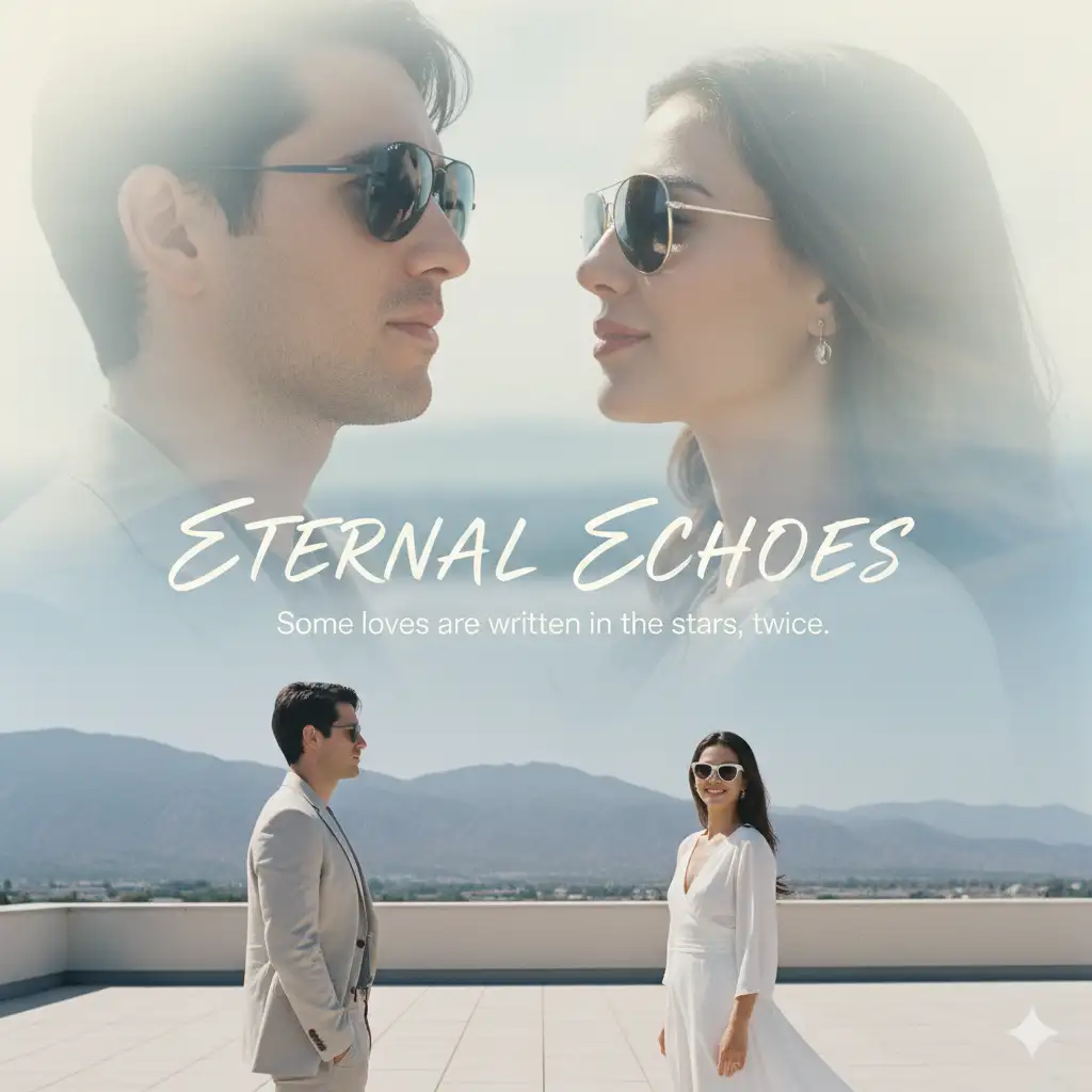 Create a romantic, cinematic poster-style composition featuring a soft, dreamy double-exposure effect. In the upper portion, create a close-up of a couple facing one another, both wearing dark sunglasses. Their expressions are calm and affectionate as they look into each other's eyes. The lighting is bright and diffused, giving their faces a gentle glow and creating a pale, airy background that fades softly at the edges. Blend this with a second scene placed toward the lower half of the image: the same couple standing apart on a rooftop terrace with mountains in the distance. The man wears a light-colored suit jacket and a darker shirt, standing in profile, while the woman wears a white outfit and sunglasses, facing the camera from a short distance away. The landscape is serene, with pale blue tones and a hazy horizon that adds a cinematic, romantic mood.