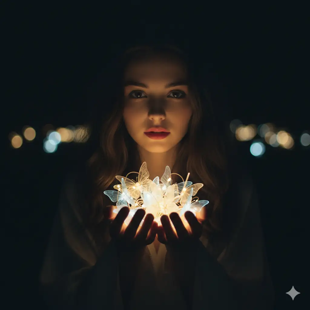 Create a dramatic low-light portrait of a young woman surrounded by darkness, her face softly illuminated by glowing butterfly-shaped fairy lights she holds delicately in her hands. The warm, ethereal light casts gentle highlights on her skin and reflects in her expressive eyes, creating an atmosphere of mystery and wonder. Her slightly parted lips and calm, introspective gaze add a sense of quiet enchantment. The contrast between the dark background and the luminous butterflies evokes a dreamlike, almost magical mood.