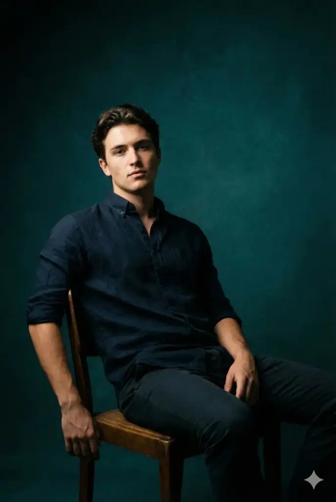 Create a stylish studio portrait of a young man sitting on a low chair, leaning back with one arm resting on the armrest and the other hand relaxed on his lap. He wears a dark navy button-up shirt, sleeves rolled to the forearms, paired with dark chinos. Use a single softbox to create deep contrast across the face and strong sculpted shadows. Set the background to a dark teal gradient for richness. Use aspect ratio 2:3.