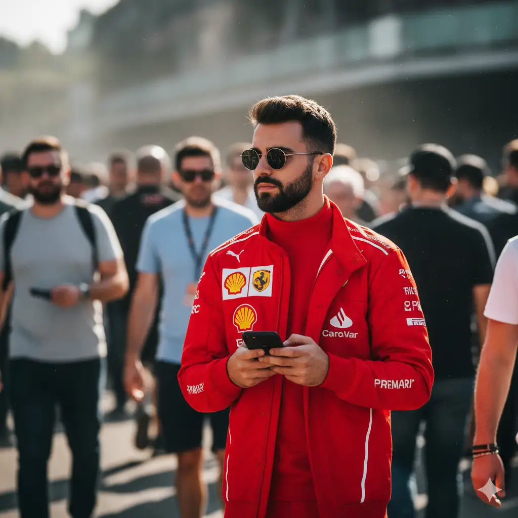 Create photo of a stylish young man standing in a lively outdoor crowd, wearing a bright red Ferrari racing jacket adorned with sponsor logos like Puma and Shell. He has a neatly groomed beard, short hair, and wears round dark sunglasses that give him a cool, confident edge. He's holding a smartphone in both hands, looking off slightly to the side as if observing the event. The background shows people in motion, many dressed in casual or sporty attire, slightly blurred to emphasize the subject. The lighting is natural daylight, giving the photo an energetic and realistic atmosphere typical of a motorsport or race day setting.