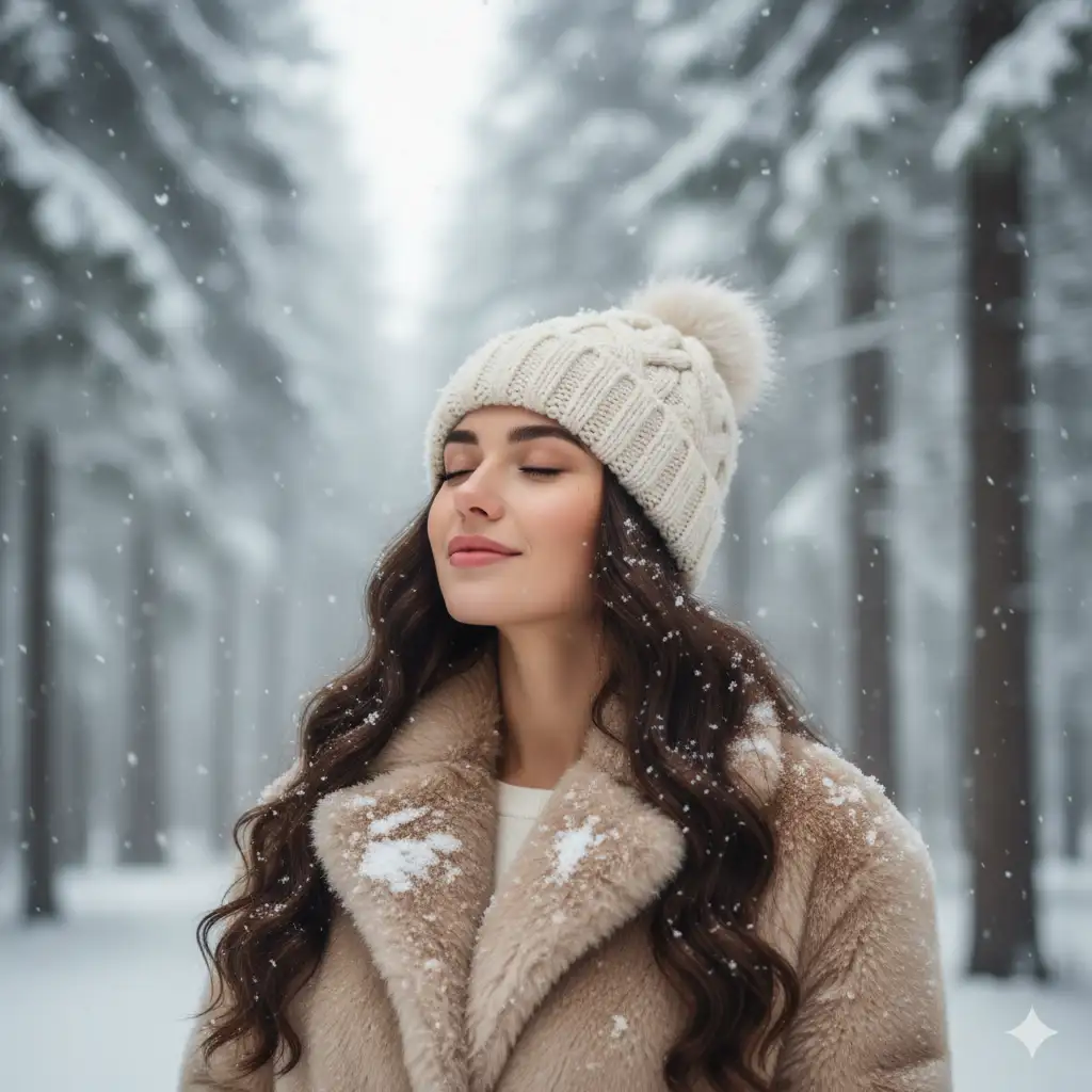 Create a serene winter portrait of a young woman standing in a snowy forest. She has long, dark, wavy hair dusted with delicate snowflakes, and her eyes are gently closed as she tilts her face slightly upward, appearing peaceful and content. She wears a soft, cream-colored knitted beanie with a textured cable pattern and a fluffy pom-pom. Her coat is a thick, plush faux-fur in warm beige tones, with snow collecting naturally on its surface. The background features tall, snow-covered pine trees fading into a misty, atmospheric haze. Soft, diffused natural lighting enhances the tranquil mood, with falling snow captured mid-air. Ultra-realistic portrait photography, shallow depth of field, crisp detail on the subject, dreamy winter aesthetic.