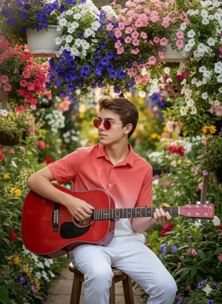 Create photo of a teen boy sitting outdoors on a stool in a lush, green garden surrounded by colorful flowers in shades of pink, blue, and white hanging above. He wears a stylish gradient shirt transitioning from coral red to white, paired with white trousers and red-tinted sunglasses. He holds a red acoustic guitar, strumming it casually while gazing thoughtfully to the side. The lighting is bright and natural, with soft focus on the background foliage, creating a dreamy, summery atmosphere. The overall mood is artistic and serene, capturing the essence of creativity, relaxation, and vibrant outdoor life.