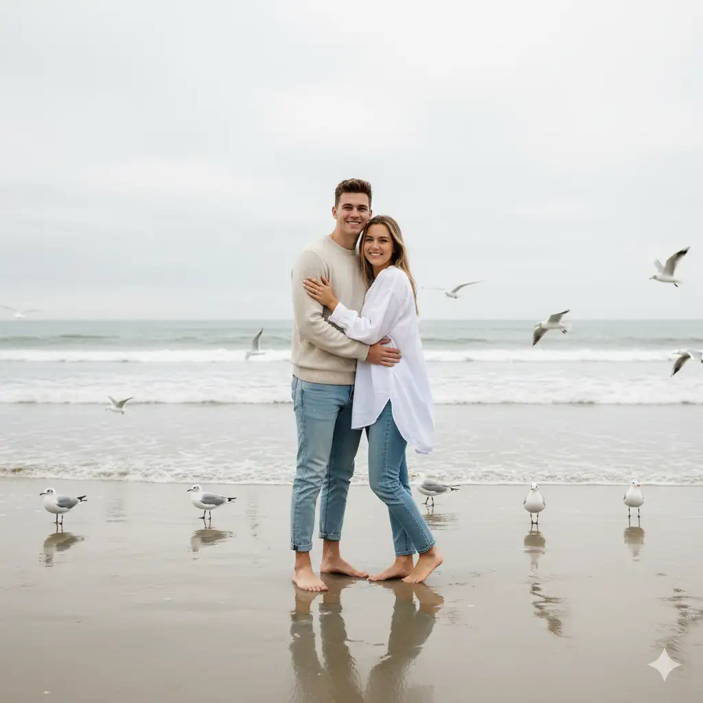 A serene beachside portrait of a young couple standing barefoot on wet sand, embracing gently while facing the camera. The man wears a light beige sweater and light blue jeans, while the woman wears a soft white blouse tucked into similar light blue jeans, creating a coordinated casual look. The mood is tender and peaceful, with overcast skies casting diffused natural light. Seagulls fly and walk around them, some mid-air and others reflected in the wet sand, adding a sense of motion and freedom. The ocean waves roll softly in the background, creating a tranquil coastal atmosphere. The couple's expressions are warm and relaxed, evoking love, simplicity, and natural connection.