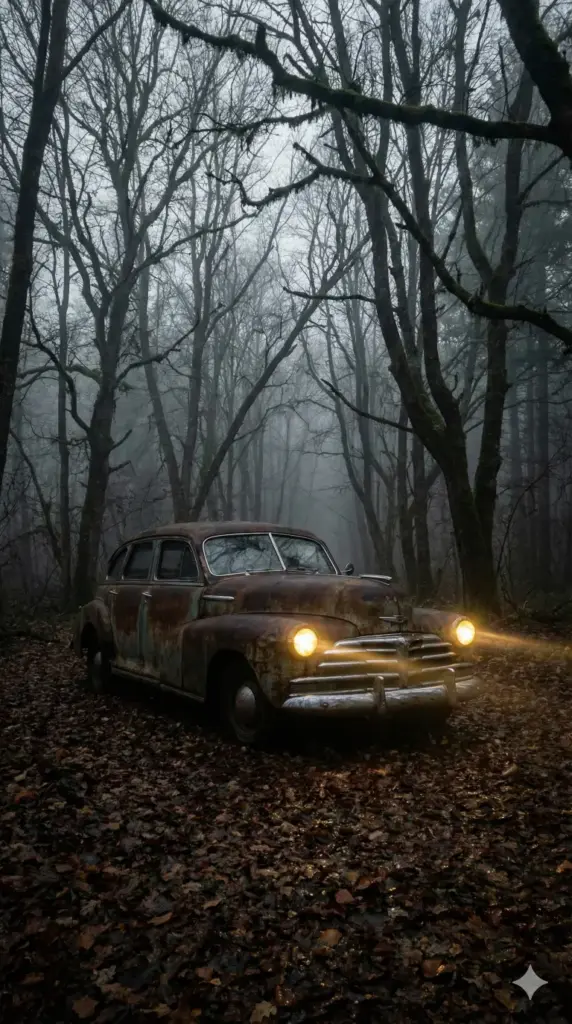 Create a phone wallpaper of a rusted, a classic car parked in a dense, spooky, dark forest. The car's round yellow headlights are turned on, cutting through the heavy gray fog. The ground is covered in dark autumn leaves and the trees are tall and leafless. The atmosphere is moody and mysterious. 9:16 aspect ratio.