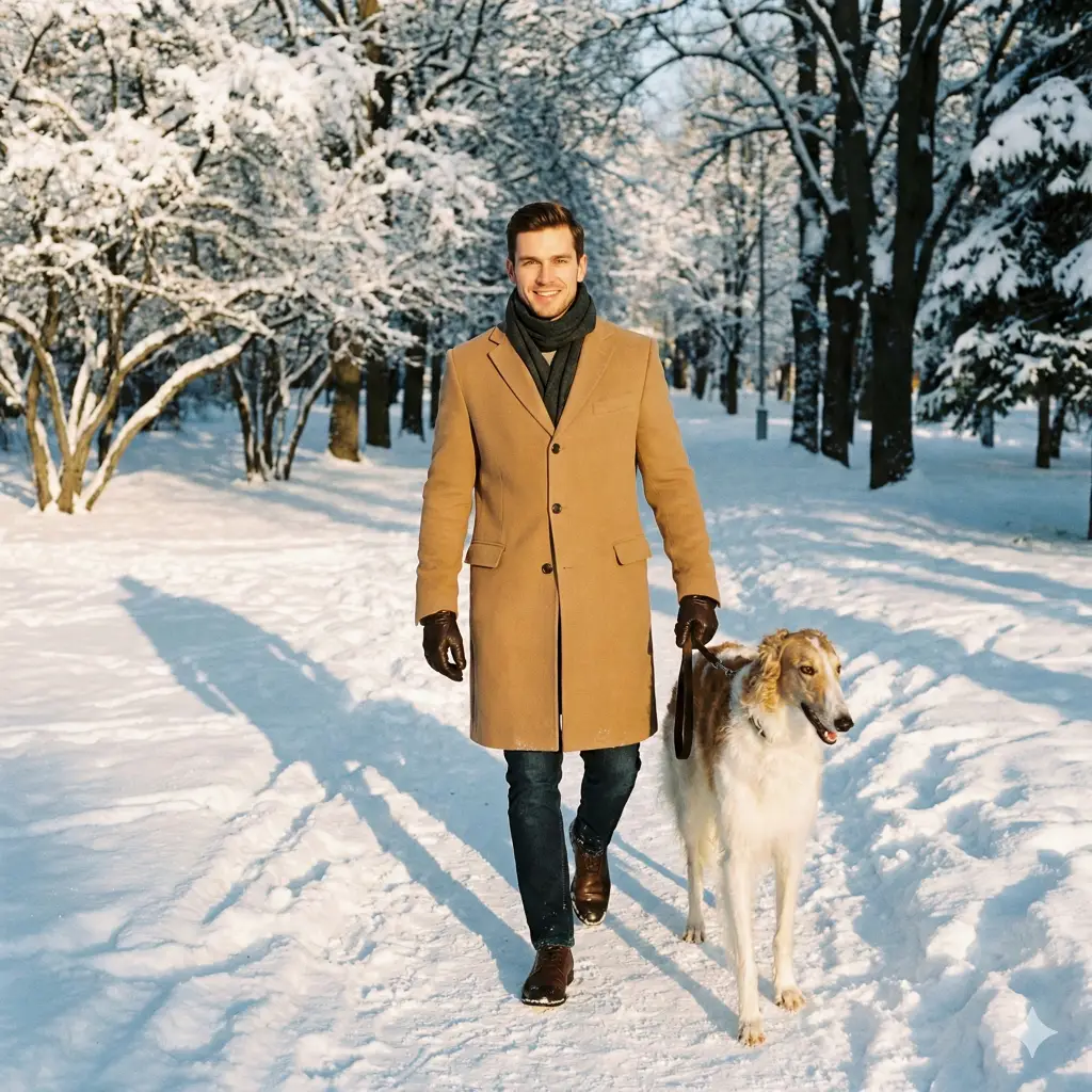 Create a crisp, high-fashion style photo with an aspect ratio of 1:1 of a handsome man walking a dog through a snow-covered park. He is wearing a camel-colored wool overcoat, a charcoal scarf, and leather gloves. The trees around him are heavy with white snow. The sun is shining brightly, creating long, dramatic shadows on the ground and making the snow glisten. He is looking towards the camera with a relaxed, confident smile.