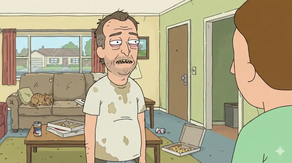 Create a scene in the style of a modern adult animated sitcom. The character is a slightly disheveled middle-aged man standing in a generic suburban living room. The art should feature loose, slightly crude hand-drawn linework, flat coloring, and exaggerated facial features like a slight overbite and tired eyes, presented in a 16:9 widescreen aspect ratio.