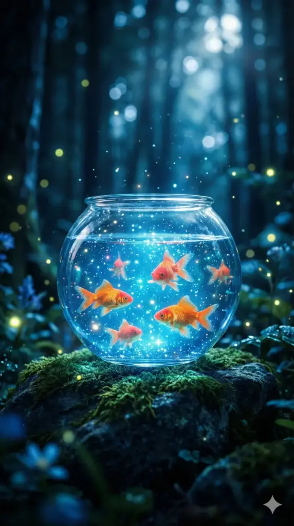 Create a phone wallpaper of a round glass fishbowl sitting on a mossy rock in a forest. Inside the bowl, bright orange goldfish are swimming in glowing, magical blue water with sparkles. The background is a dark, out-of-focus forest with cool blue tones and bokeh lighting effects. 9:16 aspect ratio.