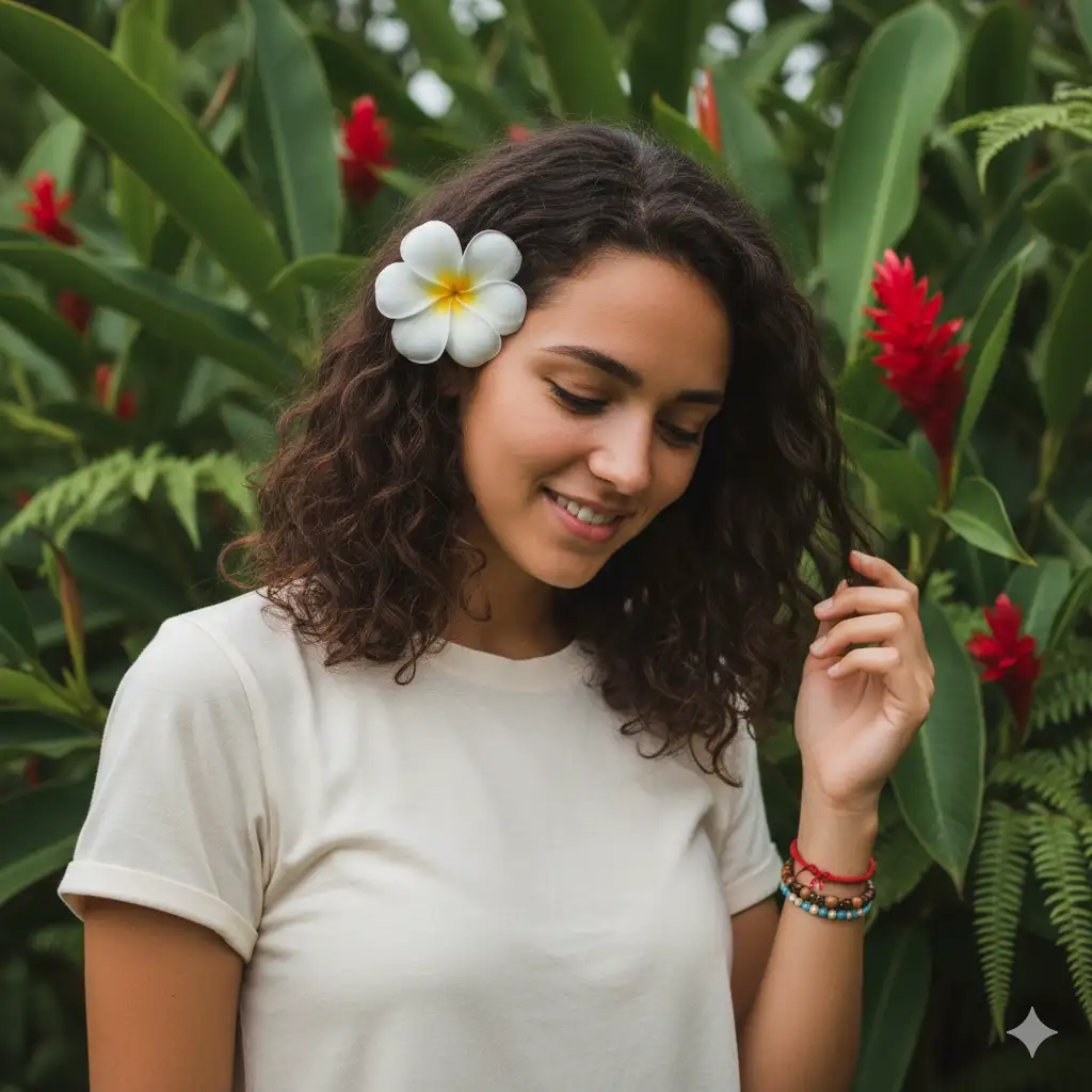 A candid outdoor portrait of a young woman standing amidst lush green foliage and clusters of red tropical flowers. She has soft, natural curls framing her face and wears a serene smile while looking down, exuding a calm, joyful presence. A white plumeria (frangipani) flower is tucked behind her ear, adding a tropical charm. She is dressed in a simple, short-sleeved, light-colored top. Her right hand gently touches her hair, and a red thread bracelet and a beaded wristband adorn her wrist. The background is filled with vivid greenery and small red blossoms, creating a fresh, vibrant, and natural setting. The lighting is soft and diffused, as though on a cloudy or early morning day, giving the image a relaxed, earthy atmosphere.