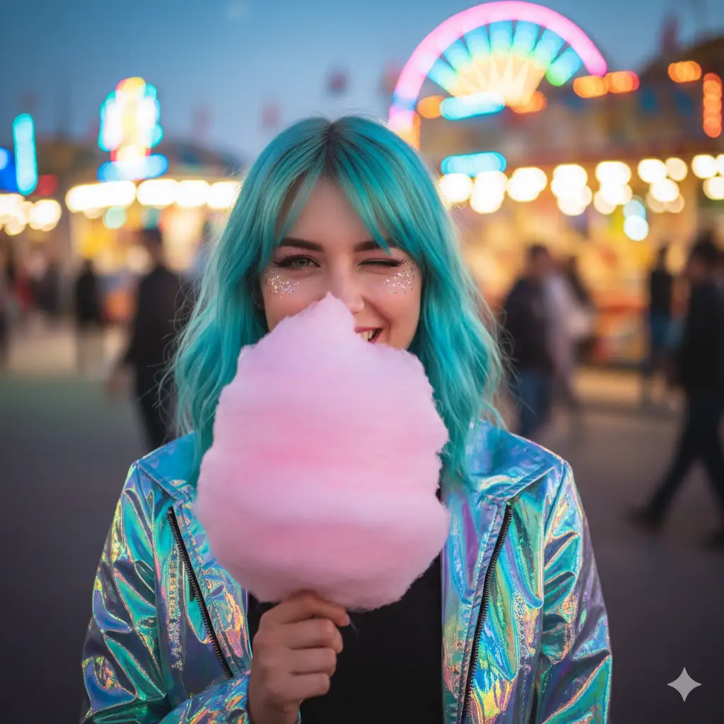Create a waist-up photo of a cute young woman with vibrant, aqua-blue hair and sparkling silver glitter on her cheeks. She is wearing a holographic, iridescent jacket over a simple black t-shirt. Her pose is sweet and engaging; she is holding a large, fluffy piece of pink cotton candy in front of her, peeking over the top with one winking eye and a playful smile. The background is a bustling, neon-lit carnival at dusk, with the blurred lights of rides and game stalls creating a magical and colorful bokeh effect. The composition is a medium close-up, focusing on her expressive face, the vibrant colors of her hair and the cotton candy, and the enchanting atmosphere of the carnival.
