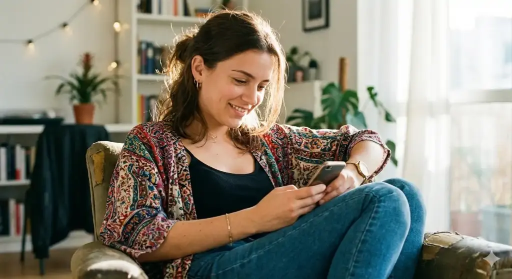 Create a candid indoor portrait of a young woman sitting comfortably and looking down at her phone with a gentle, focused expression. She wears a colorful patterned kimono-style cardigan layered over a black sleeveless top and denim jeans. Her brown hair is loosely tied back, with soft strands falling around her face, illuminated by warm, natural lighting that enhances her calm and thoughtful demeanor. The background features a softly blurred modern interior with subtle lights and cool tones, adding depth without distraction. Accessories like a gold wristwatch, a delicate bracelet, and small earrings subtly accentuate her relaxed yet stylish appearance.