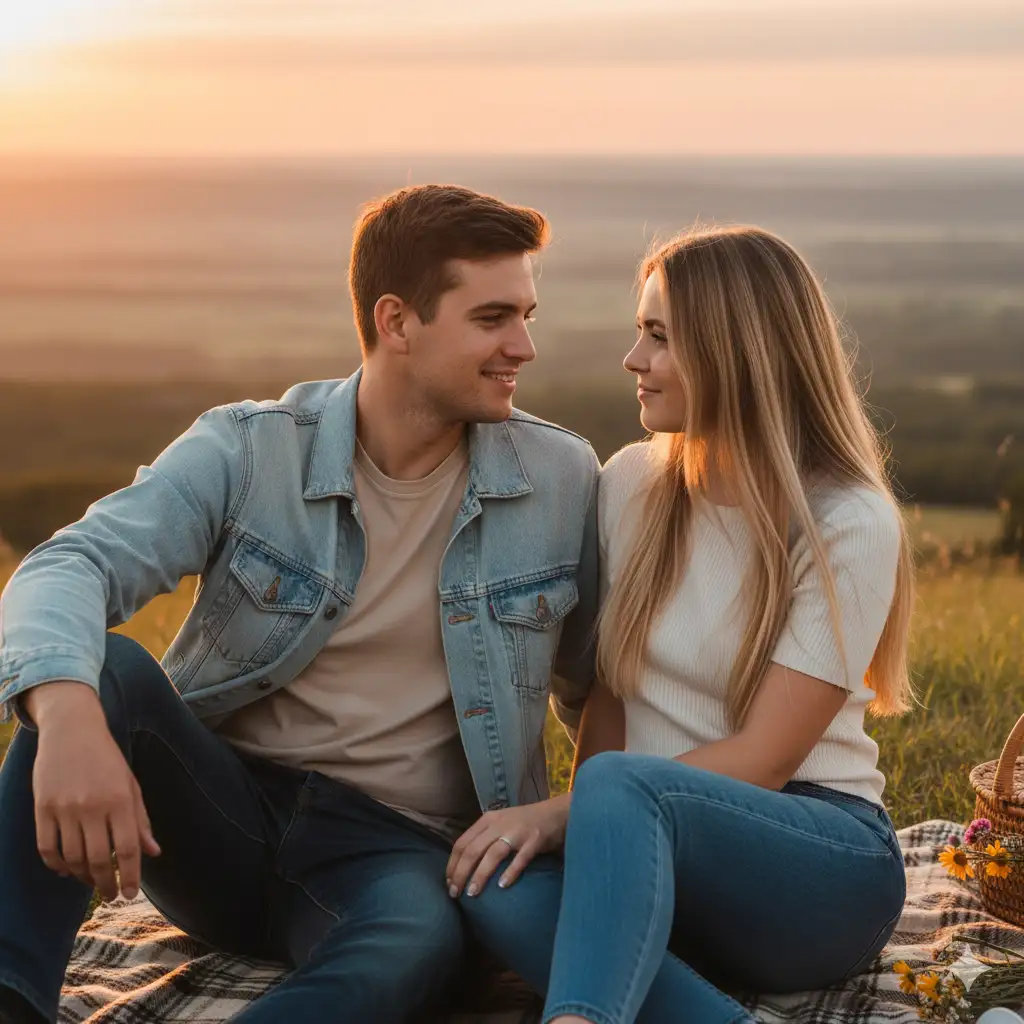 A warm and intimate outdoor portrait photo of a young couple sitting together on a blanket during sunset, surrounded by soft golden light. The man, wearing a light denim jacket over a beige t-shirt and dark jeans, sits close to the woman, gazing at her with a gentle smile. The woman, dressed in a short-sleeved cream top and fitted blue jeans, looks back at him affectionately, her long straight hair catching the evening glow. They sit on a grassy hilltop overlooking a distant horizon bathed in sunset colors of peach, gold, and lavender. The atmosphere is calm and romantic, with a cozy, natural feel.