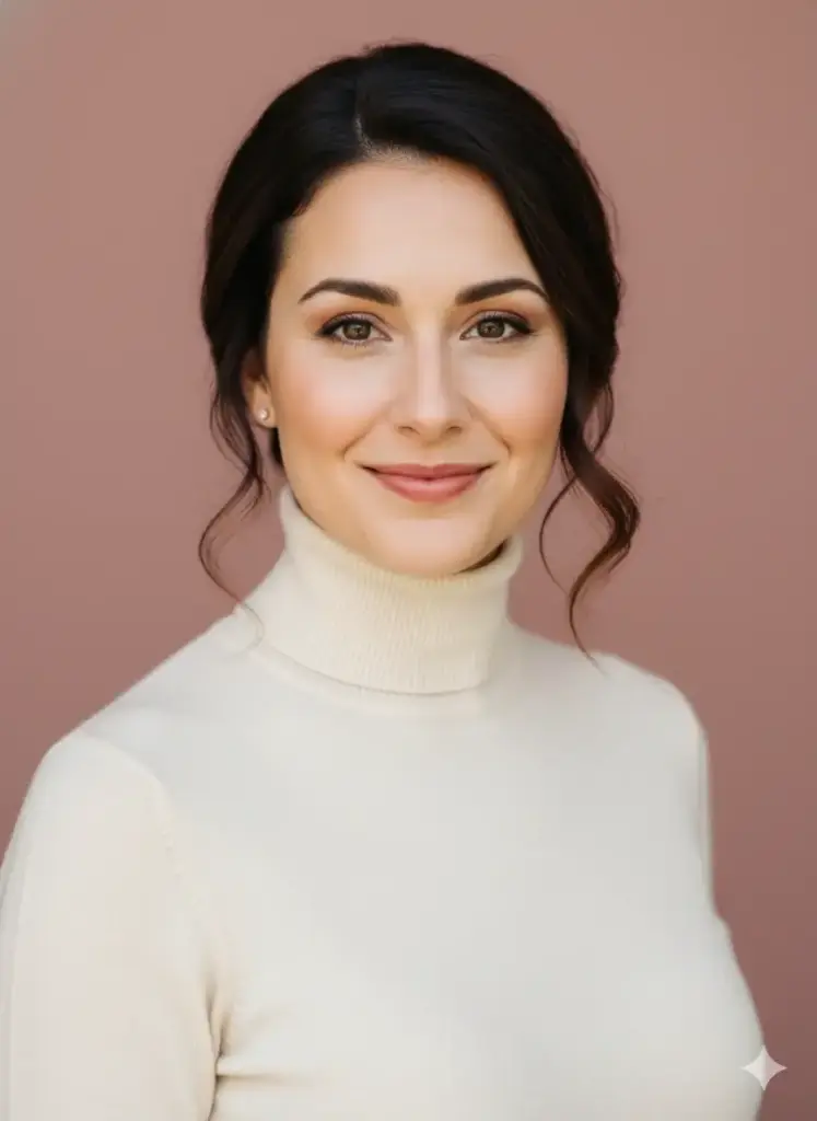 Create a chic and minimalist profile picture for my social media accounts, using my photo of a woman as the reference. She should be dressed in an elegant cream-colored turtleneck sweater with her hair styled in a clean, sophisticated manner. Position her against a plain, seamless background in a muted pastel color, such as dusty rose or sage green. The lighting is soft and even, coming from the front to create a flawless, high-key look with almost no shadows. The composition should be a centered, chest-up photograph where she has a gentle, knowing smile, resulting in a timeless and stylish image.