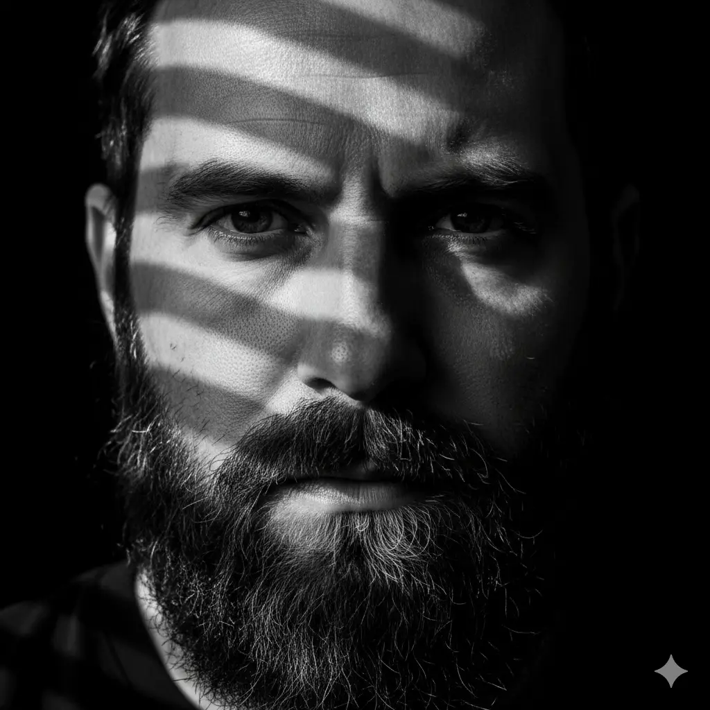 Create a stark monochrome close-up portrait of a man's face, framed tightly so that his eyes, nose, and beard dominate the composition. Dramatic slashes of light fall across his features in diagonal lines, as if coming through blinds, creating strong highlights that cut through the deep shadows around him. The texture of his skin and beard is sharply detailed, giving a tactile, realistic feel. His expression is intense and direct, with a steady gaze that meets the viewer. The background remains fully dark, allowing the illuminated streaks to shape the mood. The overall atmosphere is moody and intimate with high contrast, crisp textures, and a cinematic sense of tension.