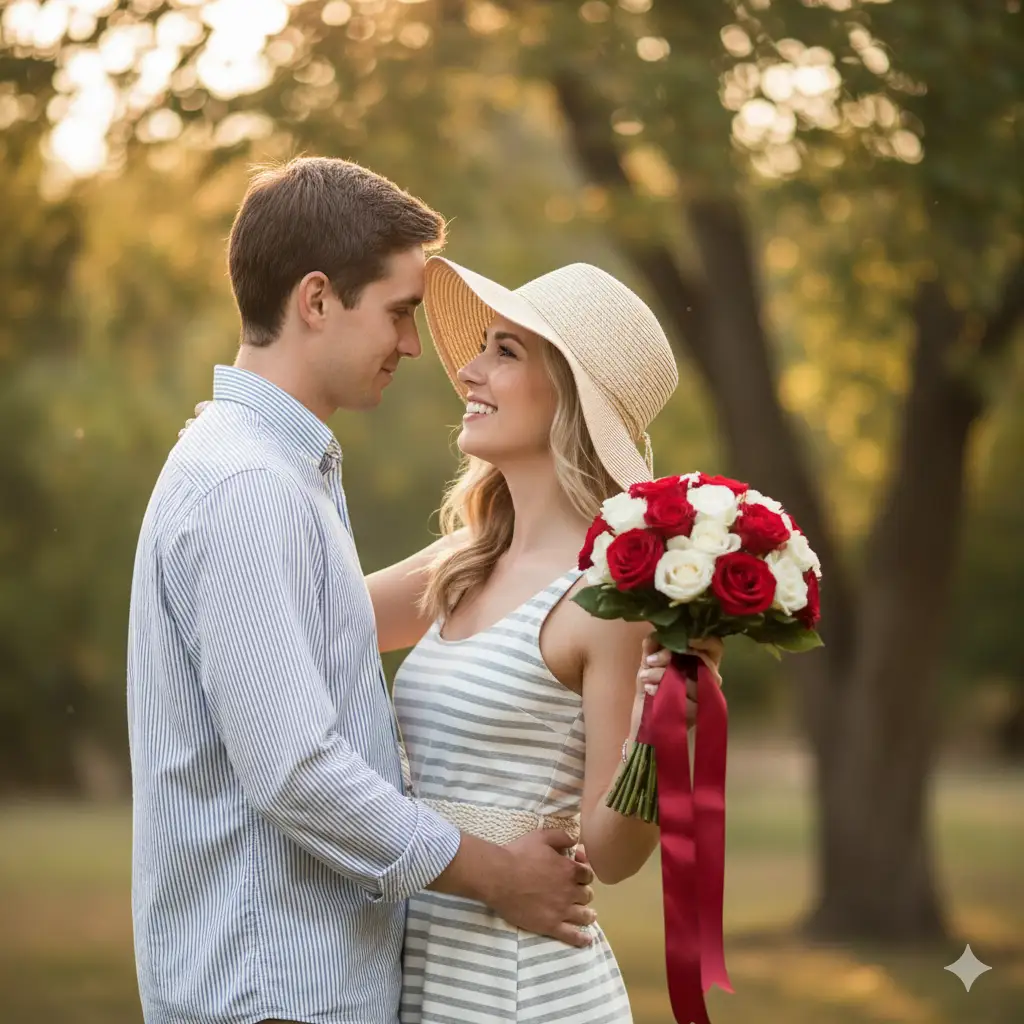 A romantic couple stands close together in a tender moment outdoors, surrounded by soft greenery and natural light. The man, wearing a light blue striped shirt, gently holds the woman by her waist while looking into her eyes with affection. The woman, dressed in a white and grey striped dress with a belted waist, wears a cream sunhat and smiles warmly up at him. In her hand, she holds a beautiful bouquet of red and white roses tied with a deep red ribbon. The background is softly blurred, featuring leafy branches and warm natural tones, creating an intimate and cinematic feel that captures the essence of love and connection.