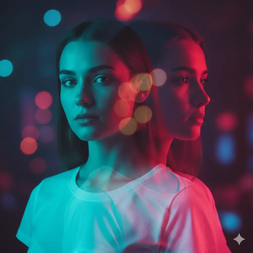 Create a striking dual-exposure portrait featuring a young woman in a simple light-colored t shirt, captured from two slightly different angles, one facing forward with a calm, direct gaze, and the other turned in profile with a subtle, thoughtful expression. Blend these two poses so they overlap fluidly, creating soft, transparent transitions between the faces and hair. Use bold, contrasting neon color overlays: rich turquoise and cool cyan tones washing over one figure, and warm red and magenta hues enveloping the other. Allow these colors to bleed and merge in expressive gradients, giving the image a dreamy, otherworldly glow. Incorporate soft bokeh lights and blurred abstract shapes in the background to enhance the modern, cinematic atmosphere.